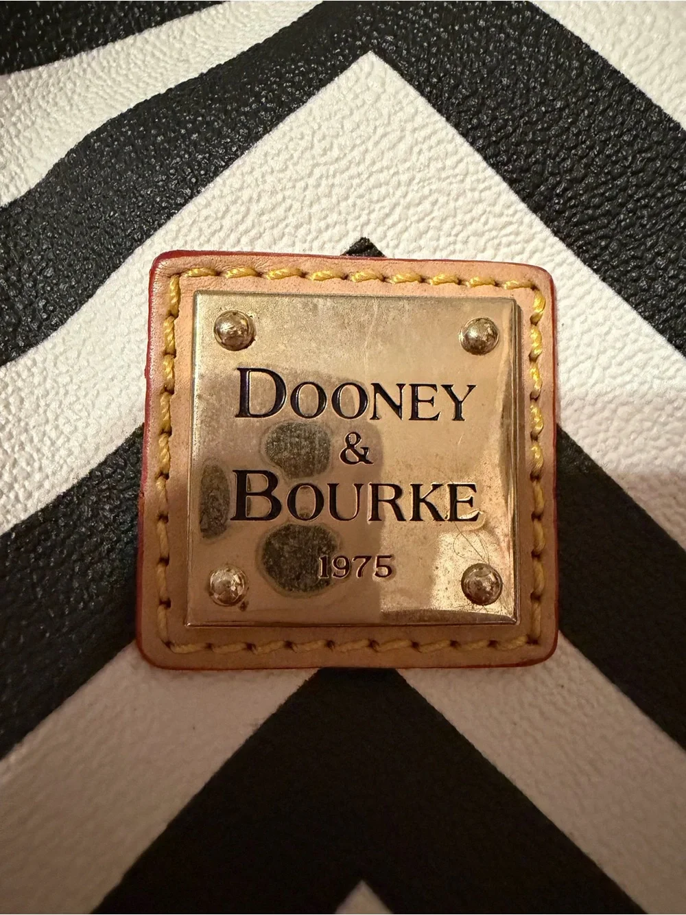 Dooney & Bourke Large Black & White Chevron Tote with Tan Trim